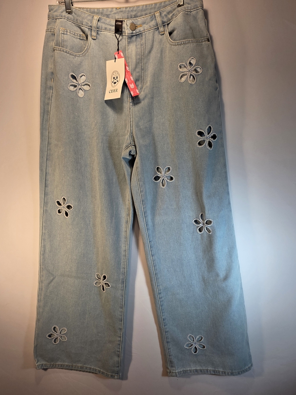 NWT Cider Women's Floral Cutout Wide Leg Jeans Size Lg Boho Funky